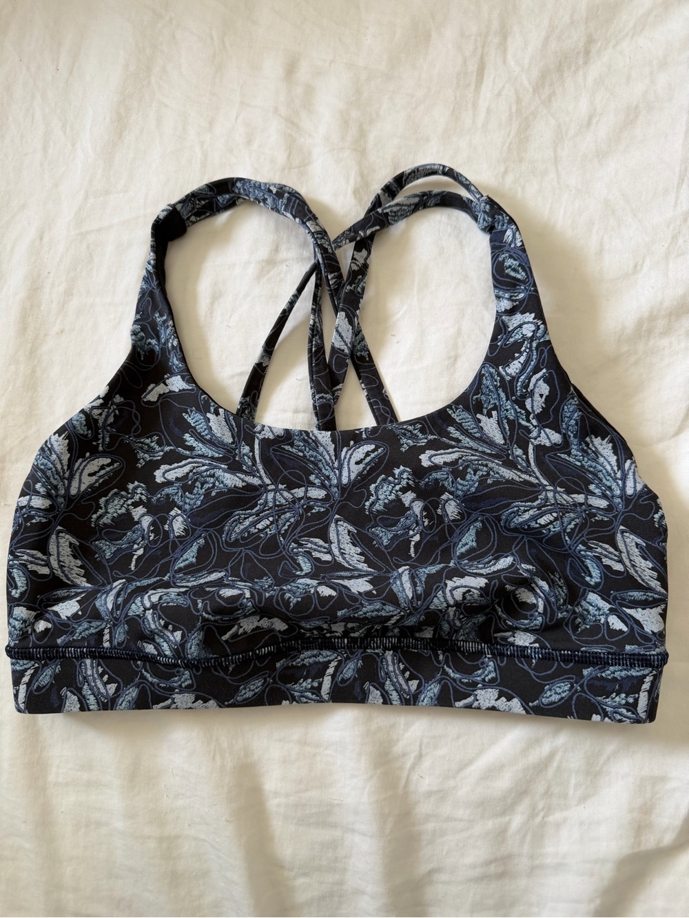 Strappy Floral Print Sports Bra - Black & Light Blue Size 8